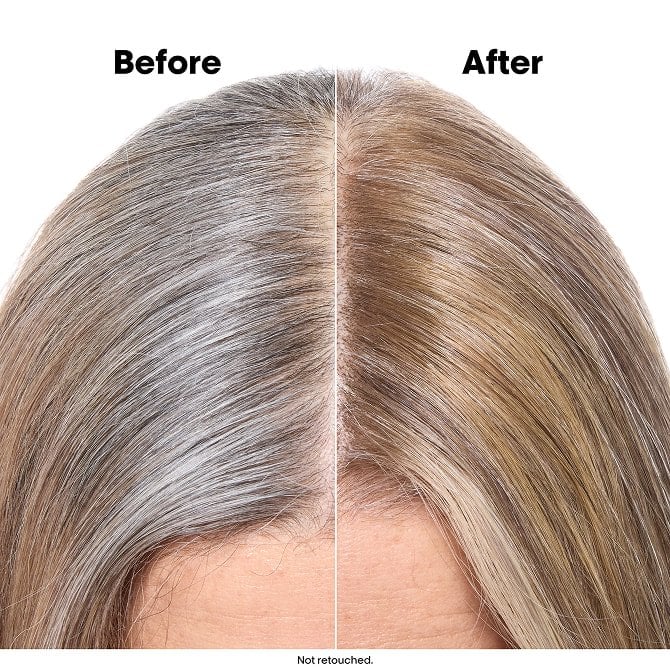 Woman with grey hair — split before/after balayage portrait