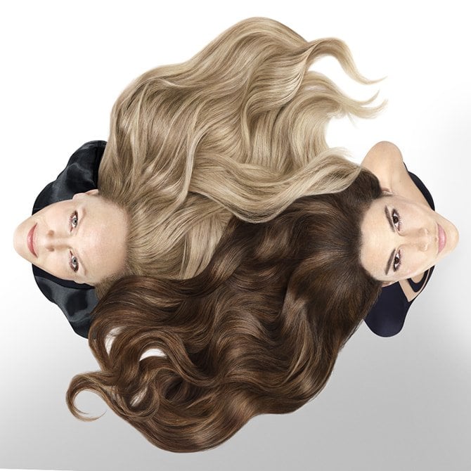 Woman with grey blended hair — overhead/flat lay style