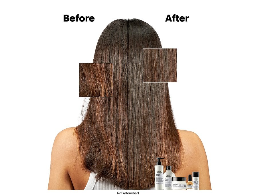 Before and after Metal Detox routine use at home, revealing hair that looks visibly shinier, smoother, and healthier from roots to lengths.